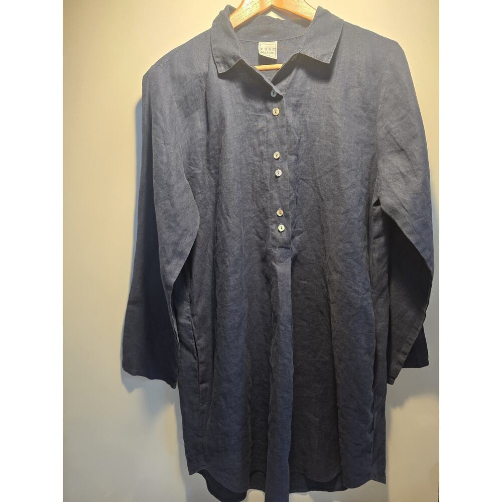 Pure Match Shirt Women Blue Linen Long Sleeve Tunic Blouse Large Lagenlook dress